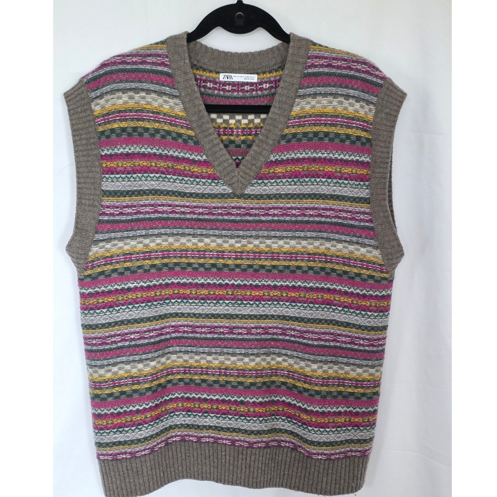 Zara Fair Isle Wool Blend Knit Sweater Vest Striped V-Neck L-XL Preppy Unisex